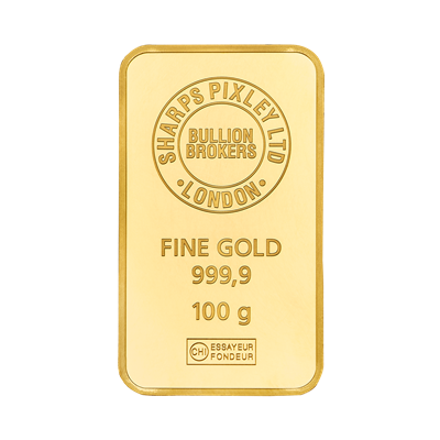 Front side of the 100g Gold Bar by Sharps Pixley