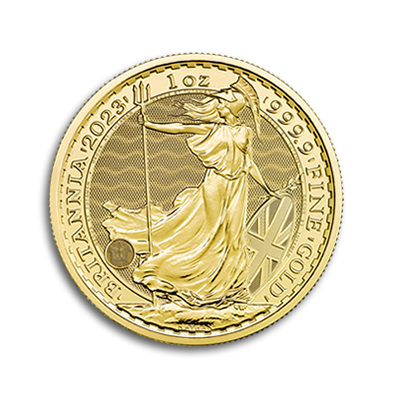 Reverse side of the 2023 1oz Britannia Gold Coin - Elizabeth II, featuring Britannia holding a trident amongst the waves.