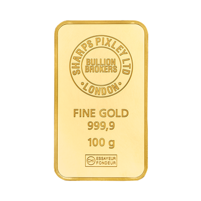 Front side of the 100g Gold Bar by Sharps Pixley