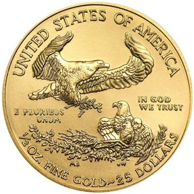 Reverse side of the 1/2oz American Eagle Gold Coin featuring image of an eagle holding a branch in its beak