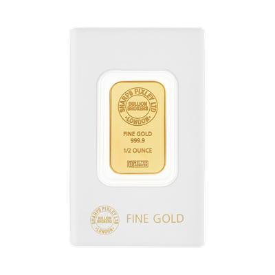 Face-on view of the Sharps Pixley 1/2oz gold bar in packaging