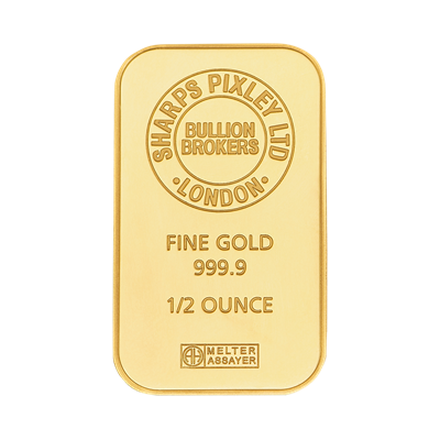 Face-on view of the Sharps Pixley 1/2oz gold bar