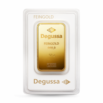 50g Gold Bar Degussa Vintage Design packaged