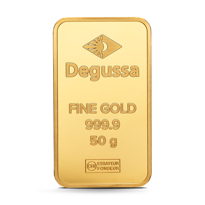 50g Degussa Gold Bar front