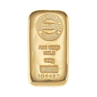 Front side of the Sharps Pixley 100g Cast Gold Bar