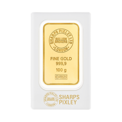 100g Gold Bar by Sharps Pixley in protective packaging