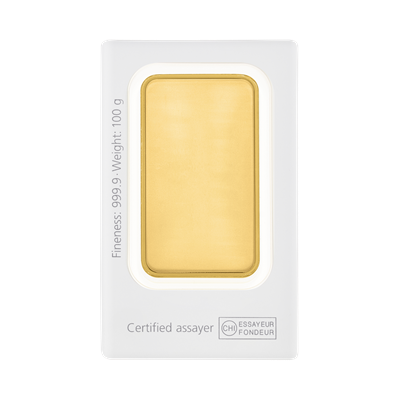 100g Gold Bar by Sharps Pixley in protective packaging