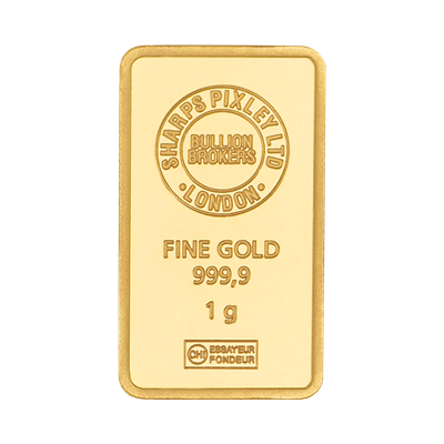 Front side of the 1g Gold Bar by Sharps Pixley