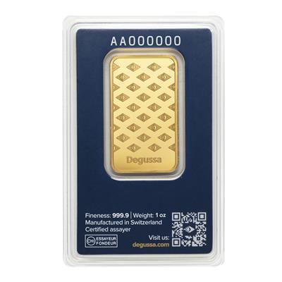 1oz Gold Bar - Degussa in blister pack back