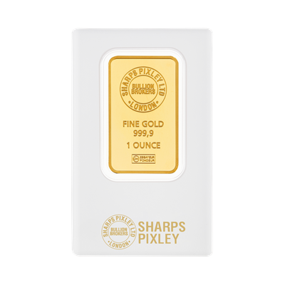 1oz Gold Bar by Sharps Pixley in protective packaging