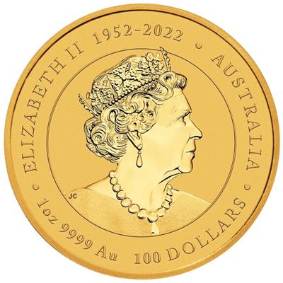 2024 1oz Australian Lunar Series III Year of the Dragon Gold Coin obverse featuring Queen Elizabeth II
