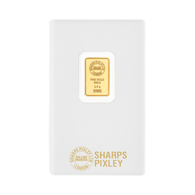 2.5g Gold Bar by Sharps Pixley in protective packaging
