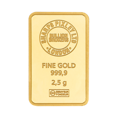 Front side of the 2.5g Gold Bar by Sharps Pixley