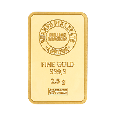 Front side of the 2.5g Gold Bar by Sharps Pixley