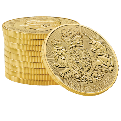 2025 1oz The Royal Coat of Arms Gold Coin stack