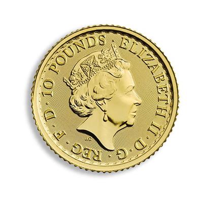 Obverse side of the 1/10oz Britannia Gold coin featuring Queen Elizabeth II