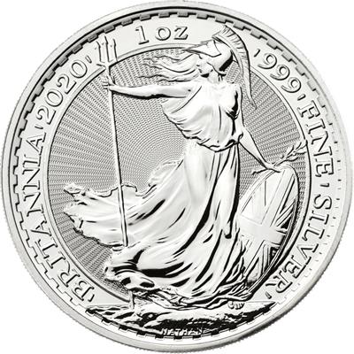 2020 1oz Britannia Silver Coin Reverse side featuring Britannia holding a trident