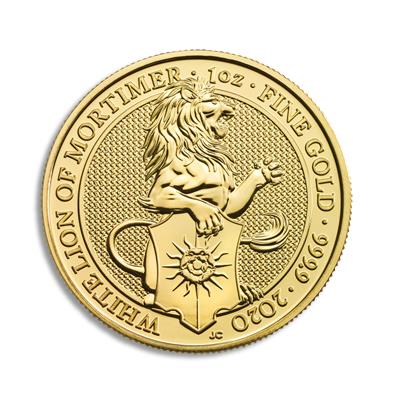Reverse of the 2020 1oz The Queen's Beasts, White Lion of Mortimer Gold Coin featuring The White Lion of Mortimer holding a Yorkist shield