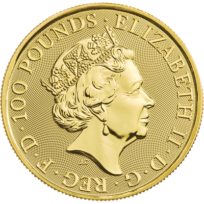 Obverse of the 2020 1oz The Queen's Beasts, White Lion of Mortimer Gold Coin featuring Queen Elizabeth II's portrait