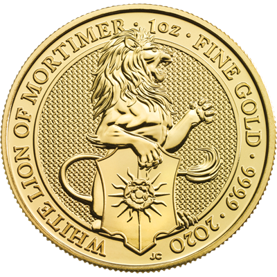 Reverse of the 2020 1oz The Queen's Beasts, White Lion of Mortimer Gold Coin featuring The White Lion of Mortimer holding a Yorkist shield