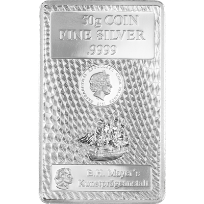 Front side of the 50g Cook Islands Bounty Silver Coin Bar
