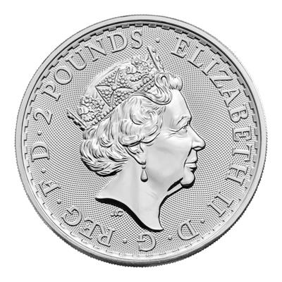 Obverse side of the 2023 1oz Britannia Silver Coin - Elizabeth II, featuring fifth and final effigy of Queen Elizabeth II