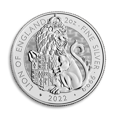 Reverse side of the 2022 2oz Silver Royal Tudor Beasts, Lion of England coin.