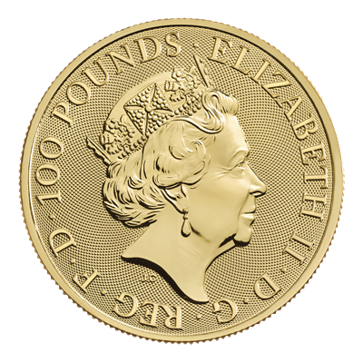 Front side of the 2022 1oz Gold Royal Tudor Beasts, Lion of England coin.