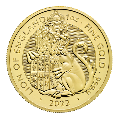 Reverse side of the 2022 1oz Gold Royal Tudor Beasts, Lion of England coin.