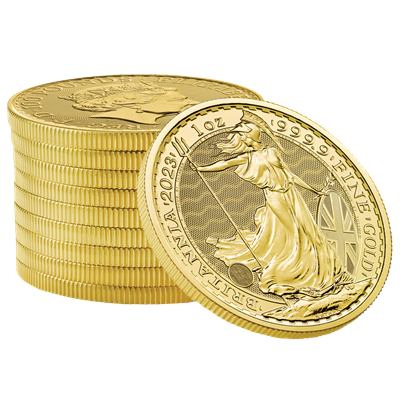 Stack of the 2023 1oz Britannia Gold Coin featuring Queen Elizabeth II