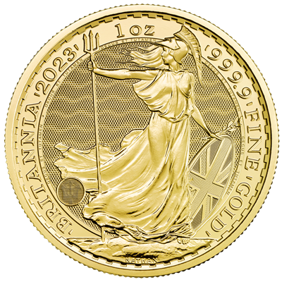 Reverse side of the 2023 1oz Gold Britannia featuring Britannia holding a trident amongst the waves