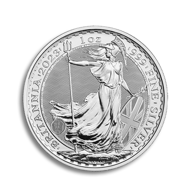 Reverse side of the 2023 1oz Silver Britannia coin featuring the image of Britannia holding a trident, a shield and an olive branch