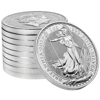 2023 1oz Britannia Silver Coin - Elizabeth II coin stack