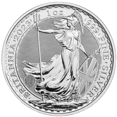 Reverse side of the 2023 1oz Britannia Silver Coin - Elizabeth II, featuring image of Britannia