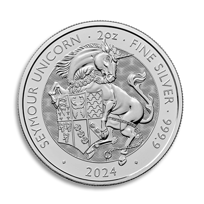 Reverse side of the 2024 2oz Silver Royal Tudor Beasts, Seymour Unicorn coin.