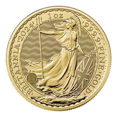 Reverse side of the 2024 1oz Britannia Gold Coin featuring Britannia holding a trident