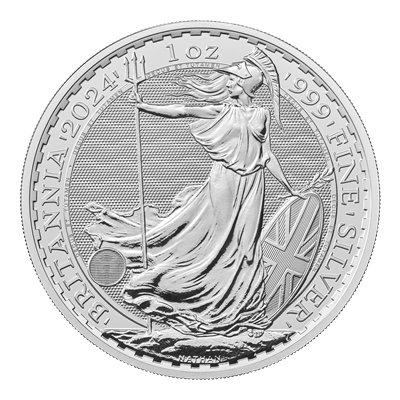 Reverse side of the 2024 Britannia Silver 1oz coin featuring image of Britannia holding a trident and shield.