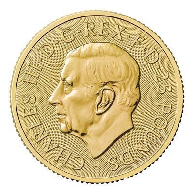 2025 1/4 ounce Royal Tudor Beasts Queen's Panther Gold Coin obverse featuring King Charles III