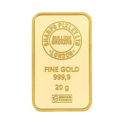 Front side of the 20g Gold Bar by Sharps Pixley