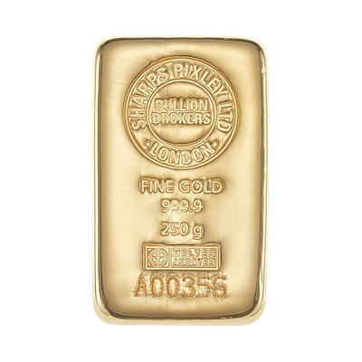 Front side of the 250g Gold Bar by Sharps Pixley