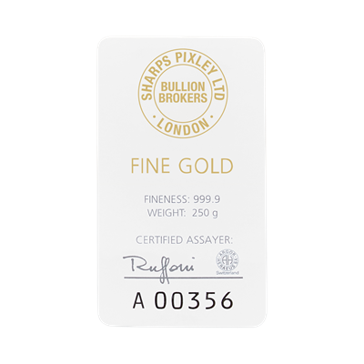 Certificate of authenticity for the 250g Gold Bar by Sharps Pixley
