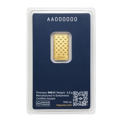  2.5g Degussa Gold Bar in blister pack back