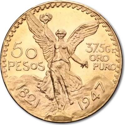 Obverse of the Mexican 50 Pesos Gold Coin featuring The Angel of Independence