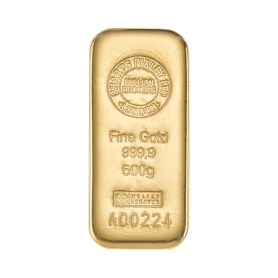 Front side of the 500g Gold Bar by Sharps Pixley
