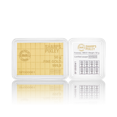Rear side of the 50g Gold Combi Bar by Sharps Pixley