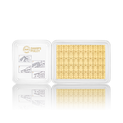 Front side of the 50g Gold Combi Bar by Sharps Pixley