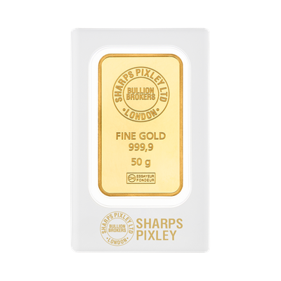 50g Gold Bar by Sharps Pixley in protective packaging