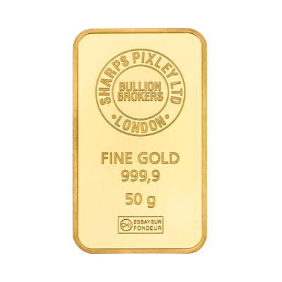 Front side of the 50g Gold Bar by Sharps Pixley