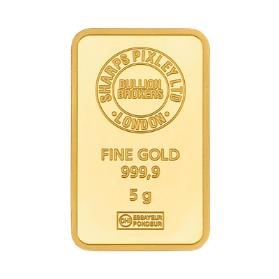 Front side of the 5g Gold Bar by Sharps Pixley