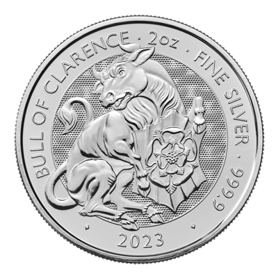 Reverse side of the 2023 2oz Silver Royal Tudor Beasts, Bull of Clarence coin.